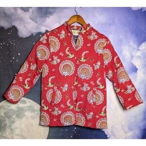 Vintage Golden Butterfly Red Peacock Print Quilted Jacket Size M Boho Asian